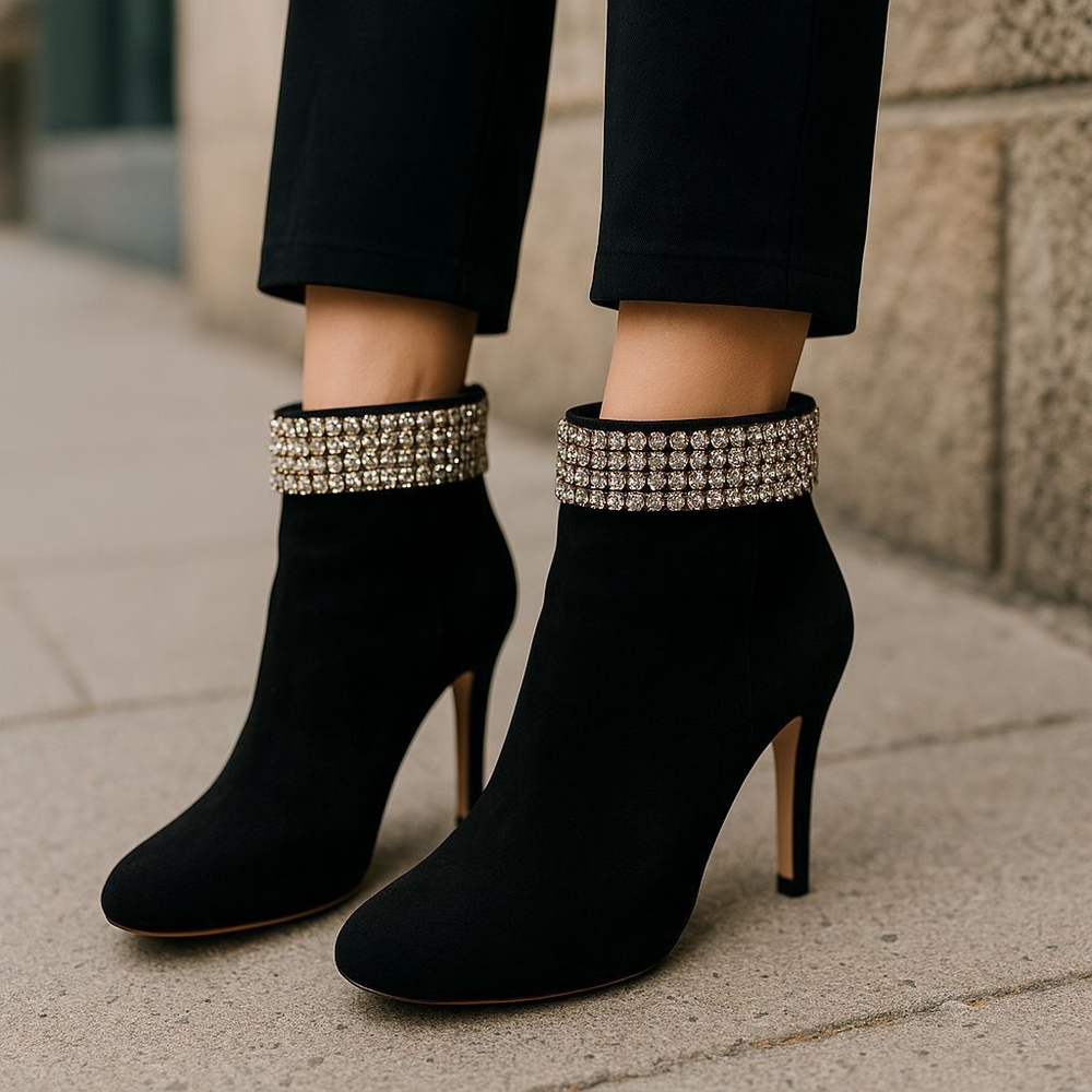N Y & C  Black Suede Ankle Boots with Rhinestone Detail Misses A Few Rhinestone - Picture 2 of 6